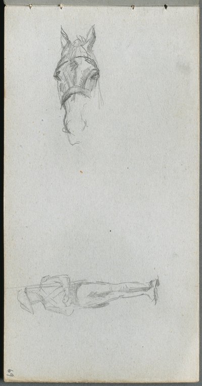 Skissebok, side 69: Studie av en hånd, en hest og en figur. av Jean Louis Ernest Meissonier