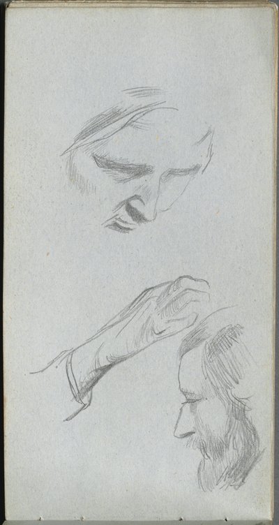 Skissebok, side 70: Studie av to ansikter og en hånd. av Jean Louis Ernest Meissonier