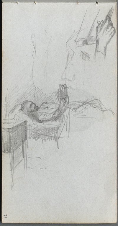 Skissebok, side 71: Studie av en figur som leser i sengen, Studie av en hånd. av Jean Louis Ernest Meissonier