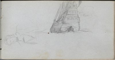 Skissebok, side 84: Figurstudie, studie av et skip. av Jean Louis Ernest Meissonier