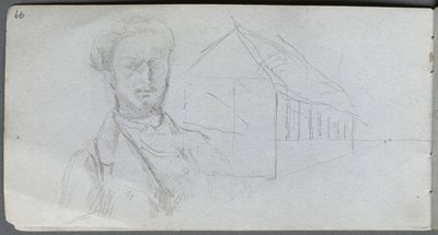 Skissebok, side 99: Studie av figur, bygning av Ernest Meissonier