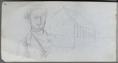 Skissebok, side 99: Studie av figur, bygning. av Jean Louis Ernest Meissonier