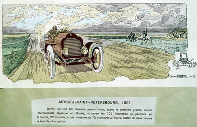 Motorløp: Moskva - St Petersburg, ca 1900 - tegning av Ernest Montaut (1878-1909). av Ernest Montaut