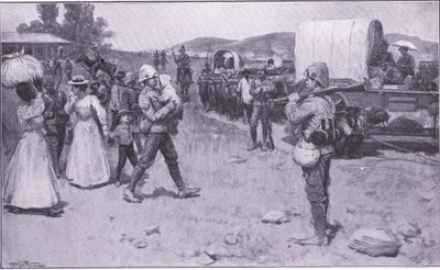 Britiske soldater som hjelper boer-flyktninger, illustrasjon fra After Pretoria: The Guerilla War, 1902 av Ernest Prater