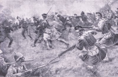 Galant anklage for London Scottish, fra History of the Great War Vol 3 utgitt av Waverley Book Co Limited, ca. 1920 av Ernest Prater