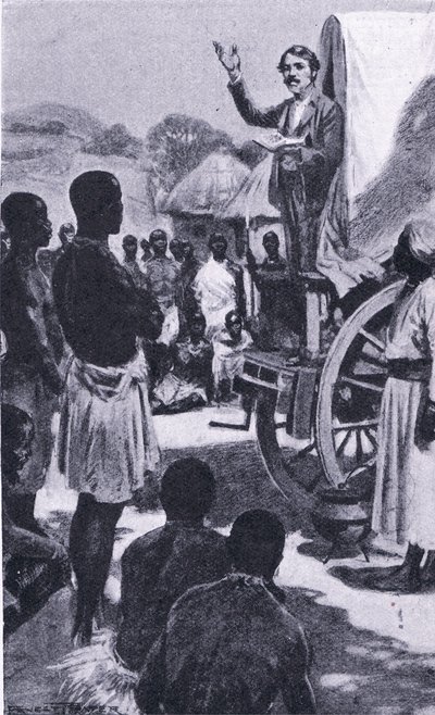 Preaching to the Makololo: Livingstone, illustrasjon fra Cassells Romance of Famous Lives, ca. 1940 av Ernest Prater