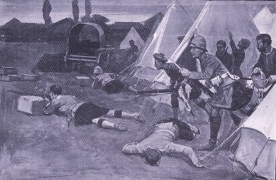 Angrepet på den britiske leiren på markedsplassen i Jacobsdal, illustrasjon fra After Pretoria: The Guerilla War, 1902 av Ernest Prater