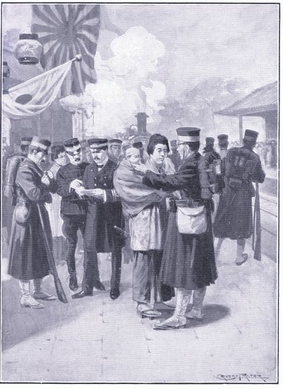 Tropper som forlater Tokio, illustrasjon fra Cassells History of the Russo-Japanese War Vol 1, ca. 1900 av Ernest Prater
