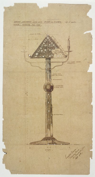 Design for Ebony talerstol innlagt med bein og sølv for St. Andrews Church, Roker 1906 (penn og blekk på papir) av Ernest William Gimson