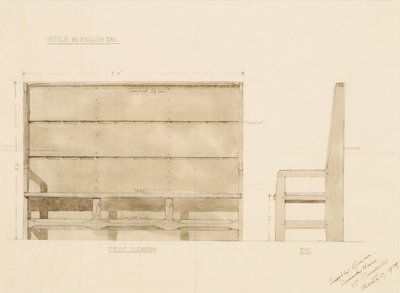 Design for Settle in English Oak, 1909 (penn med wc på papir) av Ernest William Gimson