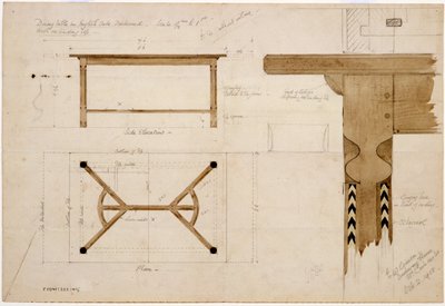 Design for et spisebord i engelsk eik, mørklagt, med høyrake-båre, 2. oktober 1908 (penn og blekk og wc på papir) av Ernest William Gimson