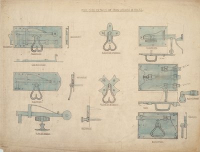 Design for Iron Latches and Bolts, ca. 1905-15 (blyant og wc på papir) av Ernest William Gimson