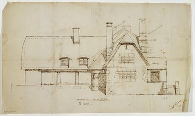 Hagehøyde av hytte, Sapperton, 14. juni 1902 (blekk på lin) av Ernest William Gimson