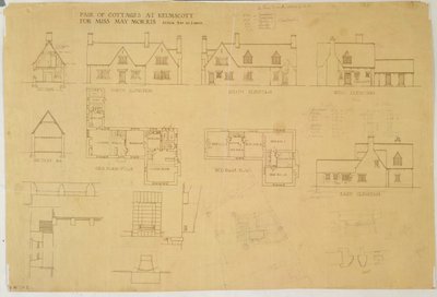 Hyttepar på Kelmscott for Miss May Morris, ca. 1915 (trykk og wc på papir) av Ernest William Gimson