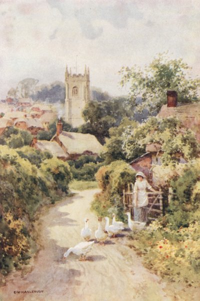 Bere Regis (farge litho) av Ernest William Haslehust