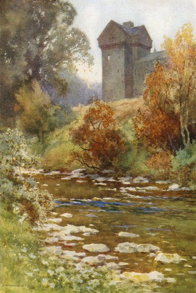 Branxholm Tower (farge litho) av Ernest William Haslehust