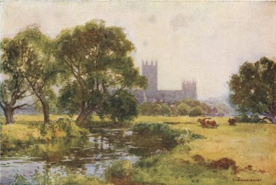 Canterbury fra Stour (farge litho) av Ernest William Haslehust