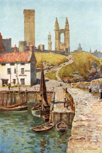Cathedral Ruins, St. Andrews, Fra havnen (farge litho) av Ernest William Haslehust