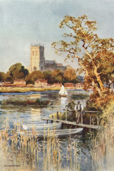 Christchurch Priory fra Wick Ferry (farge litho) av Ernest William Haslehust