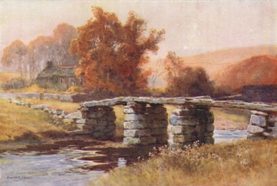 Clapper Bridge, Postbridge (farge litho) av Ernest William Haslehust