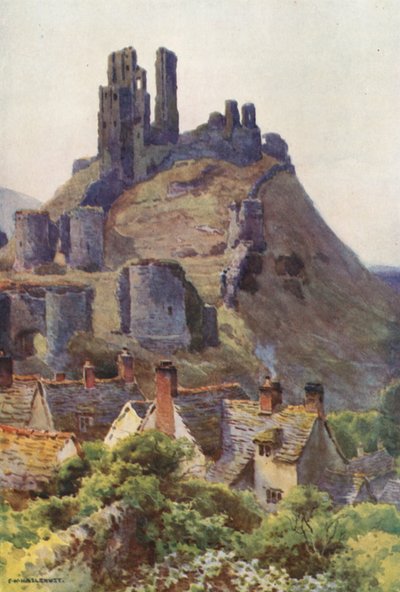 Corfe Castle (farge litho) av Ernest William Haslehust