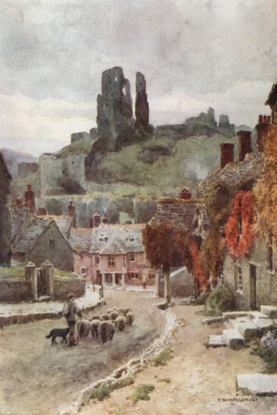 Corfe Castle (farge litho) av Ernest William Haslehust