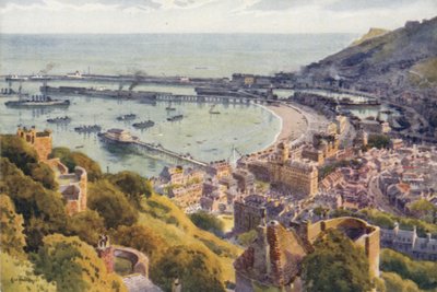Dover havn fra slottet (farge litho) av Ernest William Haslehust