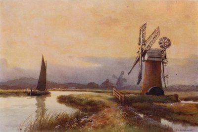 Dreneringsmøller på mauren (farge litho) av Ernest William Haslehust