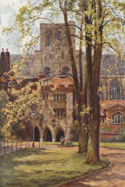 Inngang til dekanatet (farge litho) av Ernest William Haslehust
