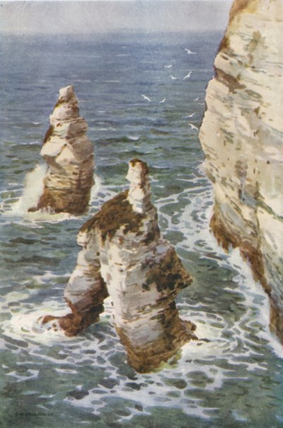 Flamborough: King and Queen Rocks (farge litho) av Ernest William Haslehust