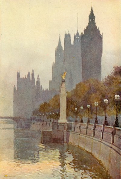 Houses of Parliament fra Embankment (farge litho) av Ernest William Haslehust