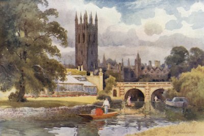 Magdalen College fra Cherwell (farge litho) av Ernest William Haslehust