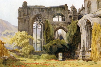 Melrose Abbey: Choir and North Transept (farge litho) av Ernest William Haslehust