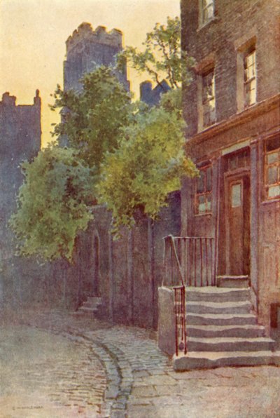 Old Barrack Yard, Belgravia (farge litho) av Ernest William Haslehust