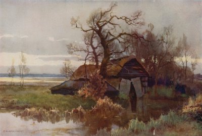 Old Boat-Houses, Barton Broad (farge litho) av Ernest William Haslehust