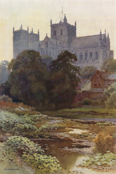 Ripon Minster fra elven (farge litho) av Ernest William Haslehust