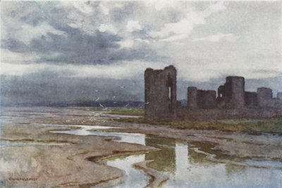 Sands of Dee, Flint Castle (farge litho) av Ernest William Haslehust