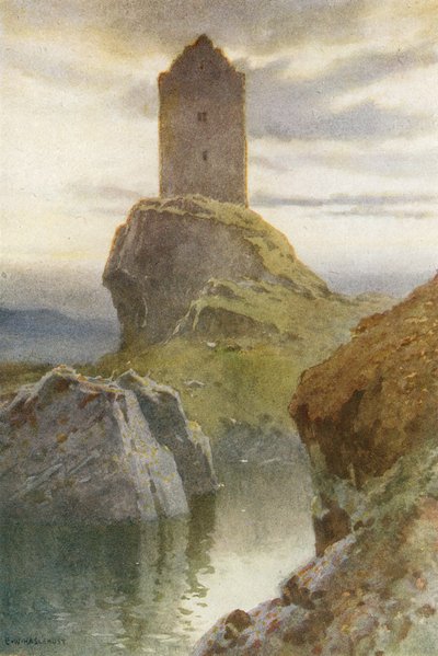 Smailholm Tower (farge litho) av Ernest William Haslehust
