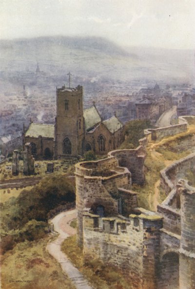 Mariakirken fra slottsmurene (farge litho) av Ernest William Haslehust