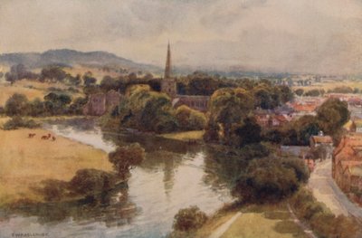Stratford-on-Avon fra Memorial Theatre (farge litho) av Ernest William Haslehust