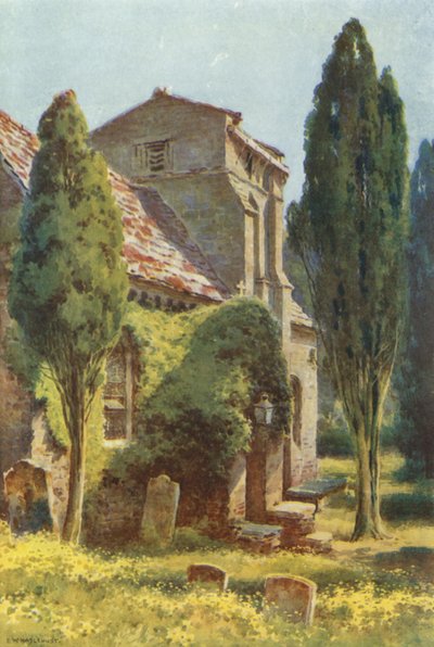 Studland kirke (farge litho) av Ernest William Haslehust