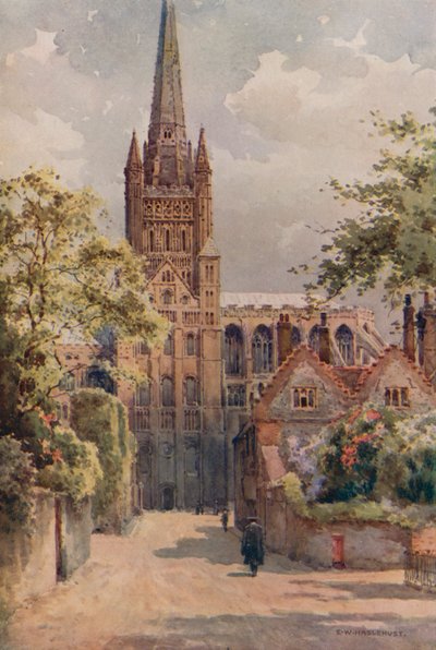 The Cathedral Precincts, Norwich (farge litho) av Ernest William Haslehust