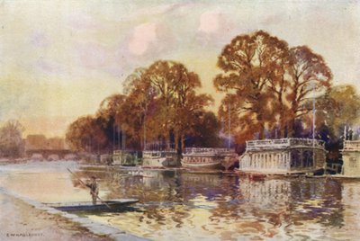College Barges and Folly Bridge (farge litho) av Ernest William Haslehust