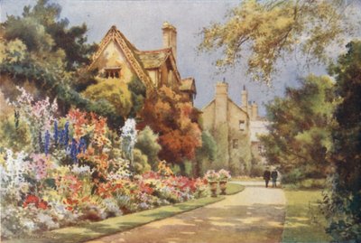 The Cottages, Worcester College Gardens (farge litho) av Ernest William Haslehust