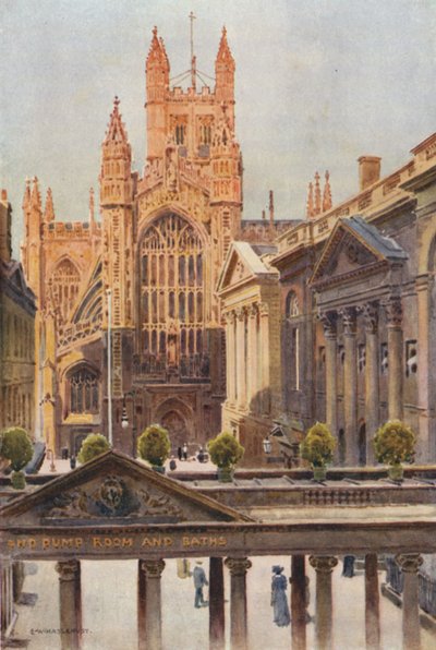 The Grand Pump-Room and Abbey, Bath (farge litho) av Ernest William Haslehust