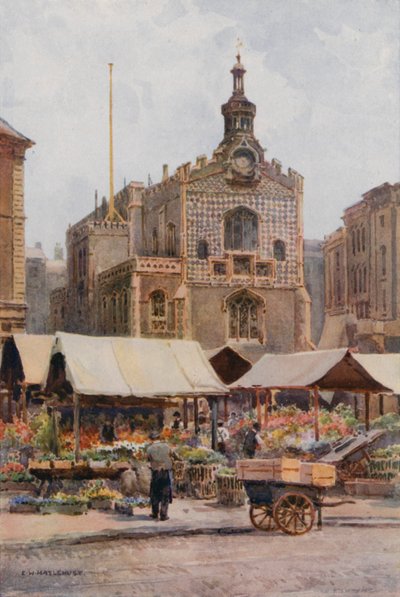 The Market-Place og Guildhall, Norwich (farge litho) av Ernest William Haslehust