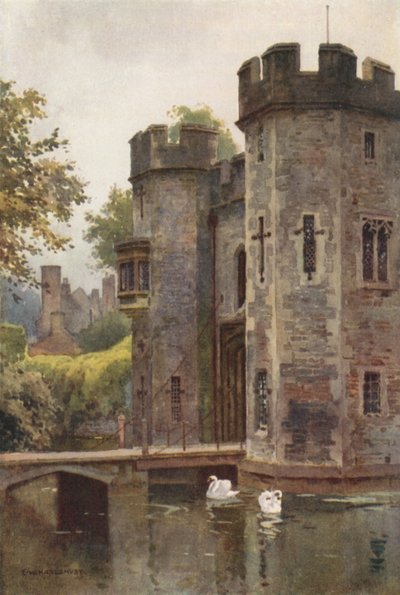 The Palace Gatehouse and Drawbridge, Wells (farge litho) av Ernest William Haslehust