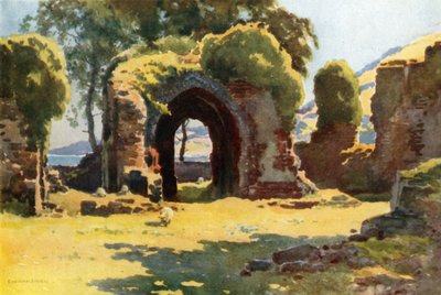 Ruinene av Lindores Abbey (farge litho) av Ernest William Haslehust