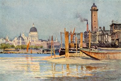 Themsen fra under Waterloo Bridge (farge litho) av Ernest William Haslehust