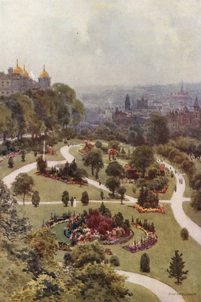 The Valley Gardens, Harrogate (farge litho) av Ernest William Haslehust